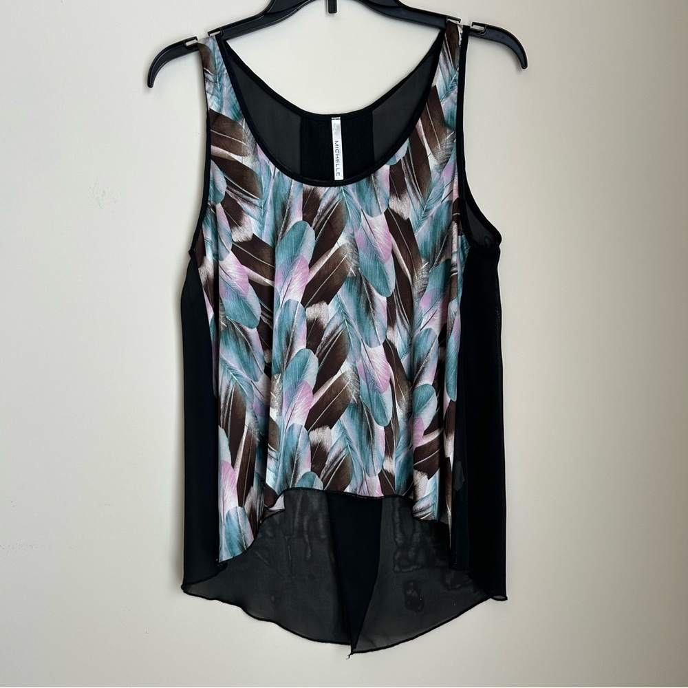 Michelle Black Boho Feather Pattern Sheer Tank Top Shirt Sleeveless Blouse Sz M